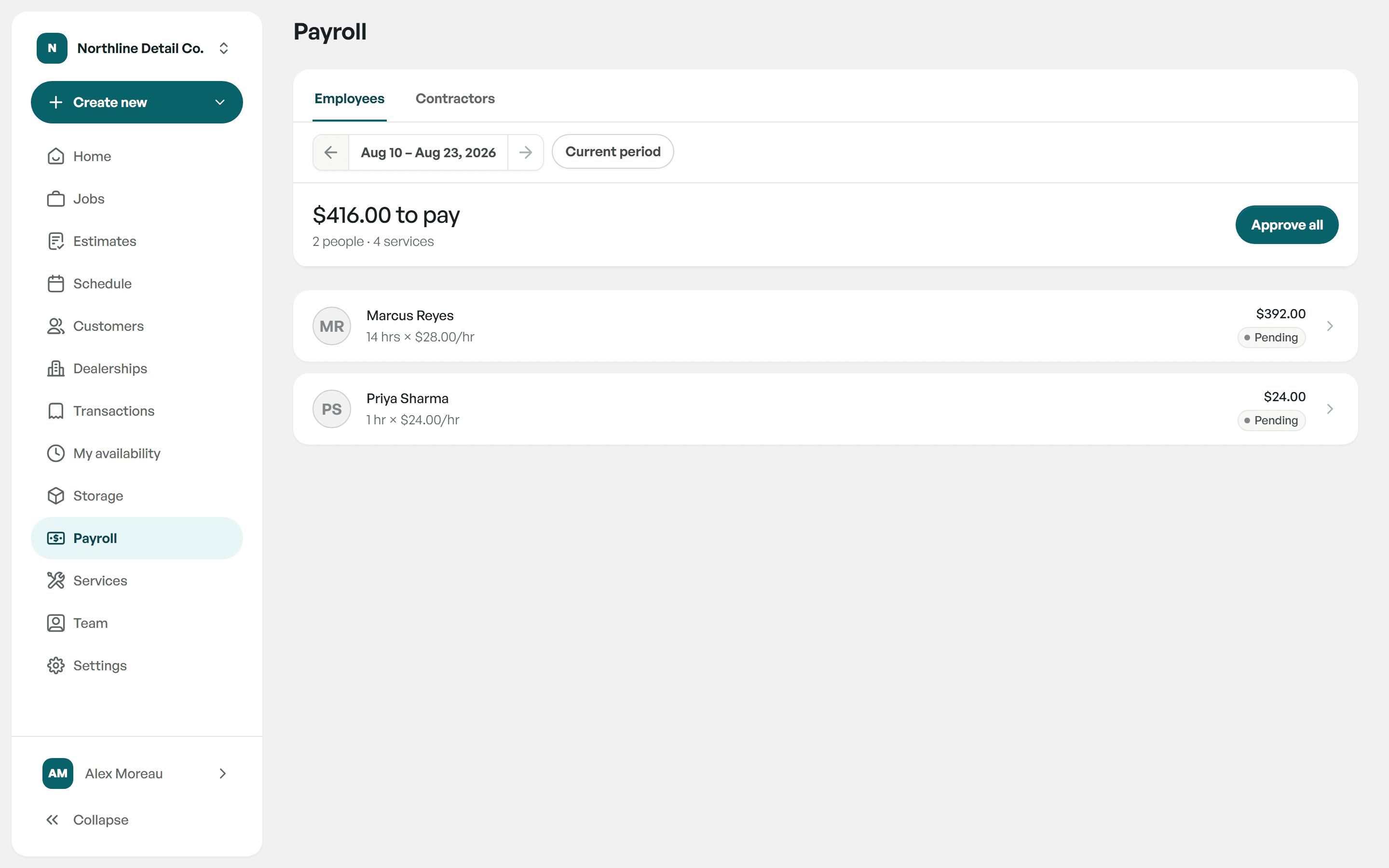 Concorso payroll screen with employee hours, hourly rates and payments awaiting approval