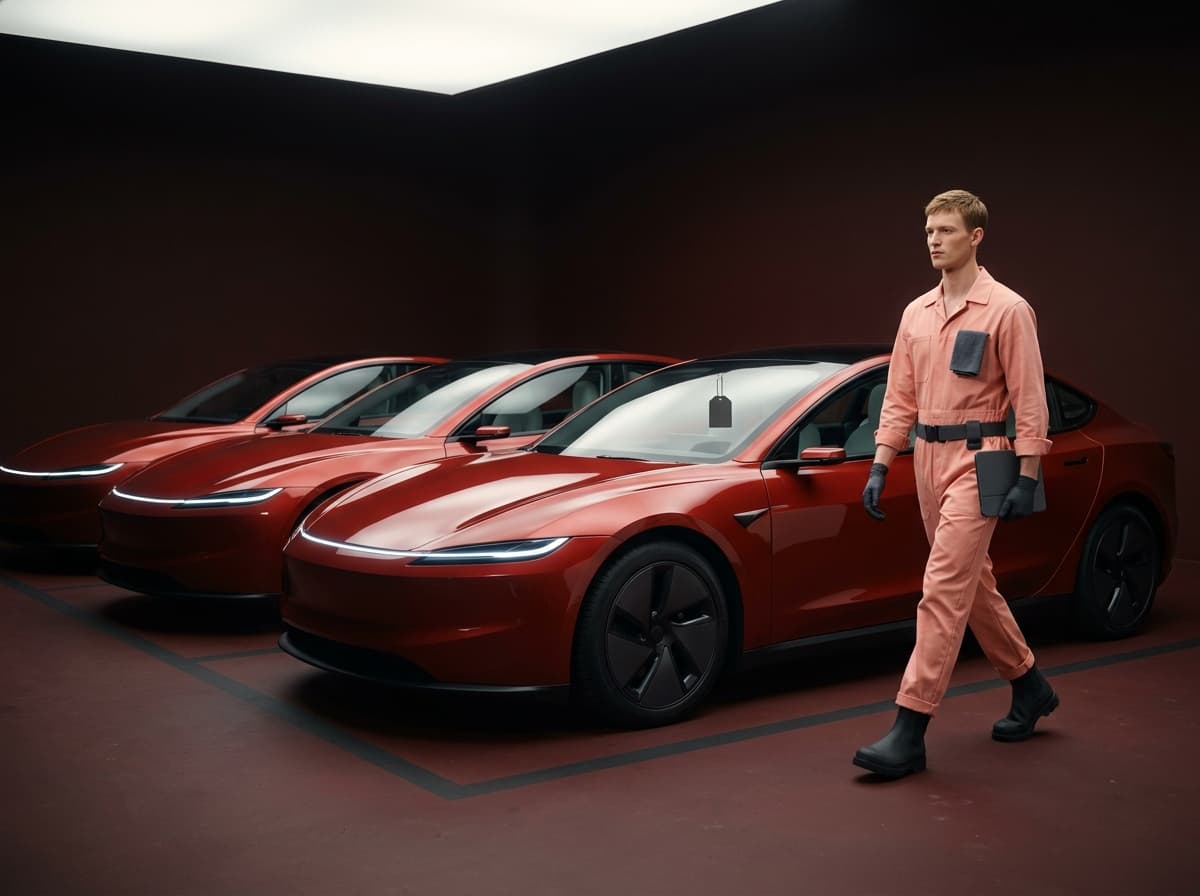 Three glossy red sedans parked in painted bays, a dealer tag hanging from the nearest rearview mirror, a detailer walking past with a tablet.
