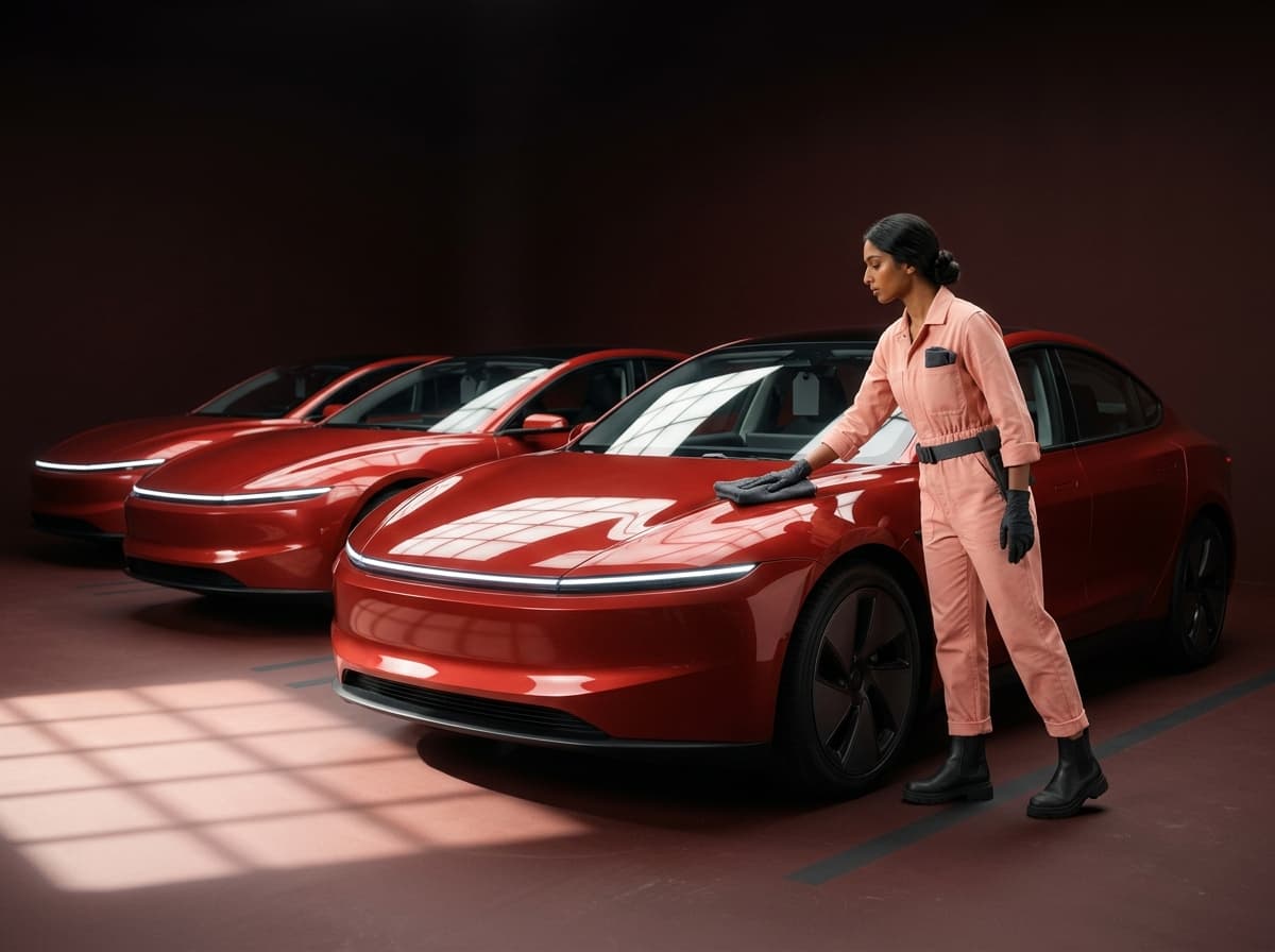 A detailer hand-wiping the hood of a red sedan, two more red sedans lined up in bays behind it.
