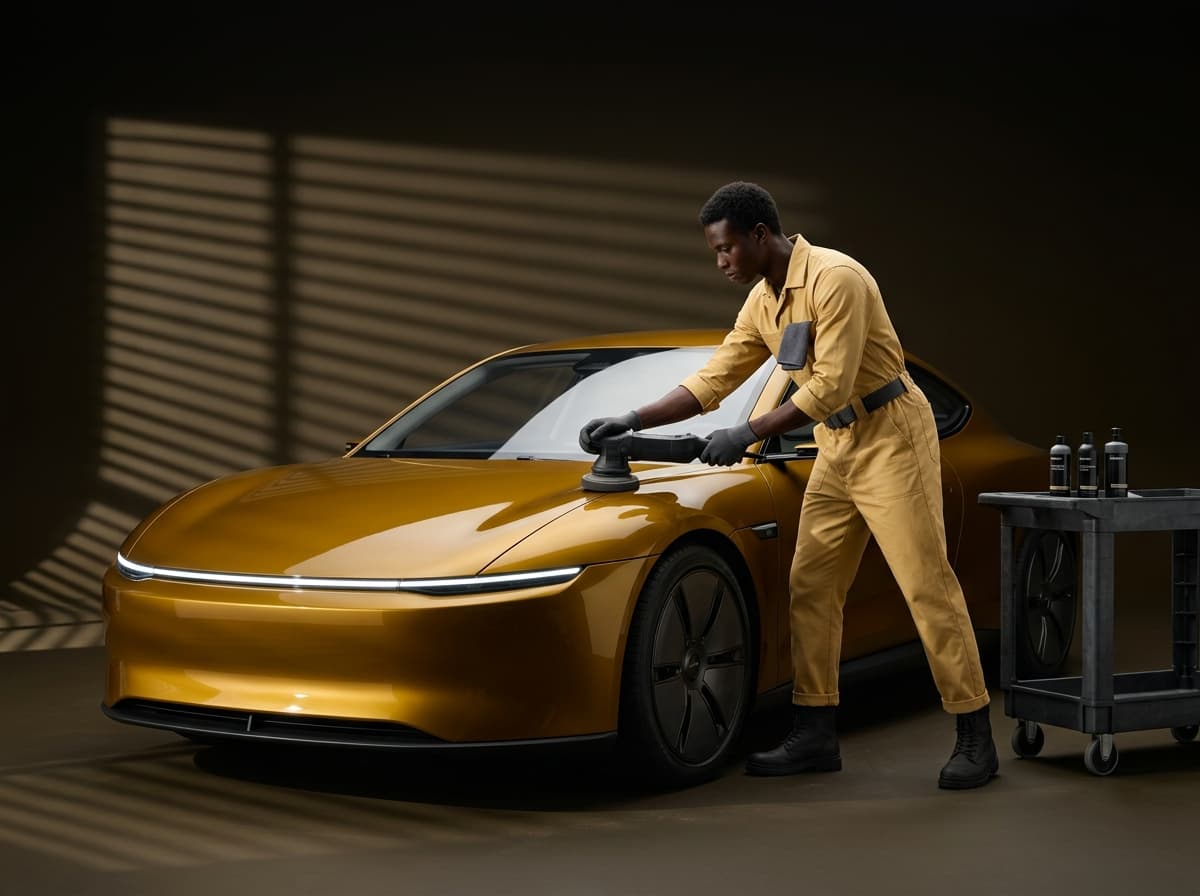 A detailer machine-polishing the hood of a gold sports car, a supply cart at his side.